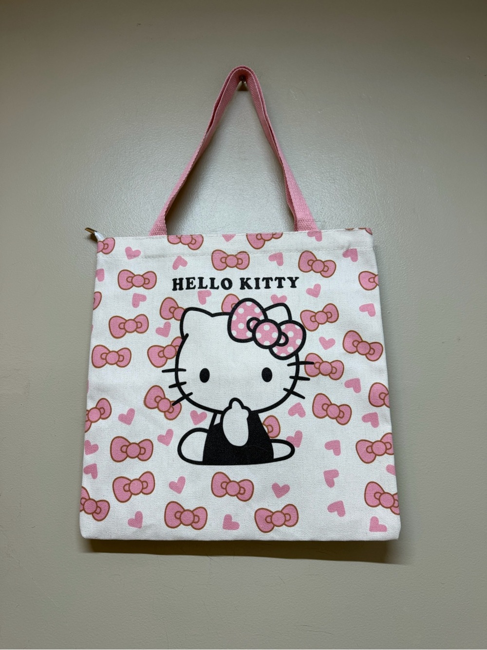 Sanrio Hello Kitty Tote Pink Bows Hearts Canvas Bag Zipper 13”x13”